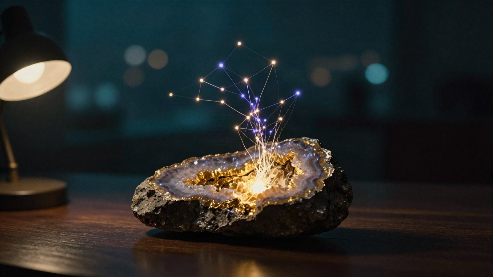 Uma pedra aberta com veia de ouro sobre a mesa, e uma constelação de luz saindo dela